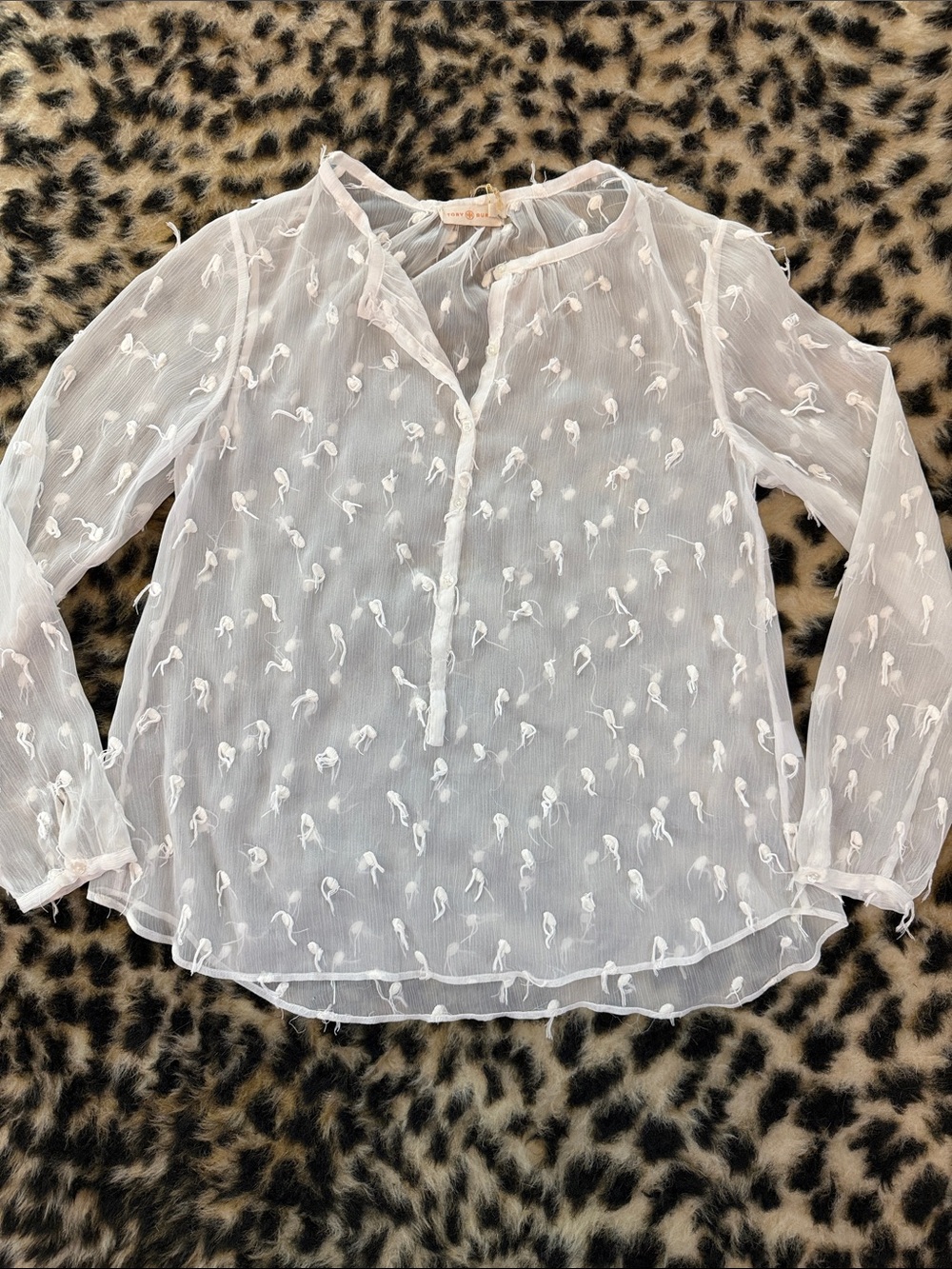 Tori Burch Sheer White Embroidered Long-Sleeve Women's Top